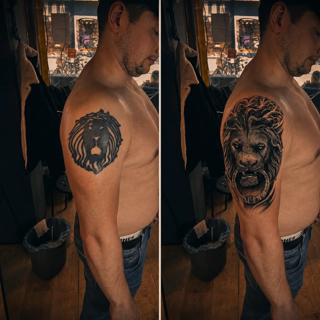 Lion cover-up, before and after